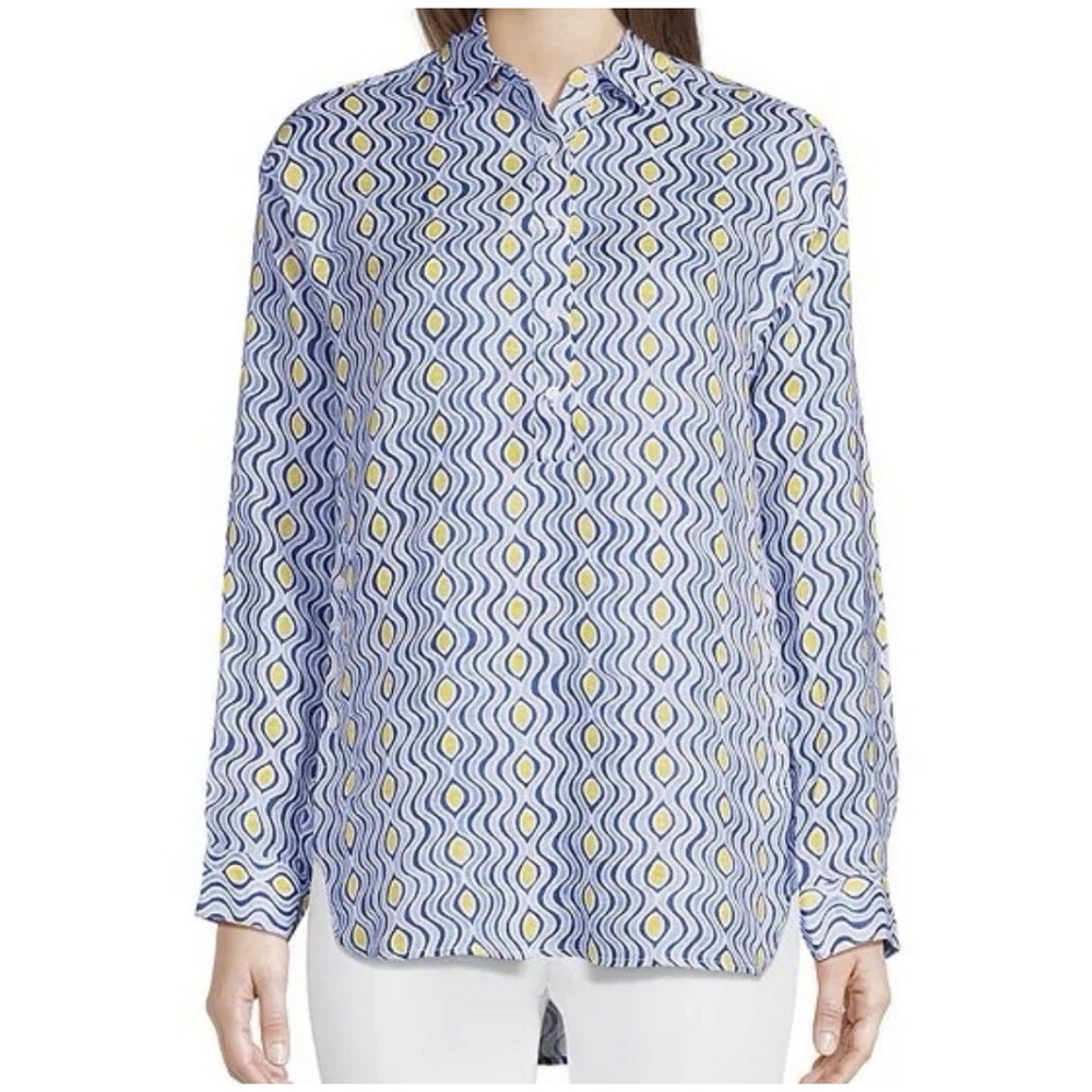 J. McLaughlin Fallon Tunic Women XL Blouse Blue Costa Key Print 100% Linen Beach